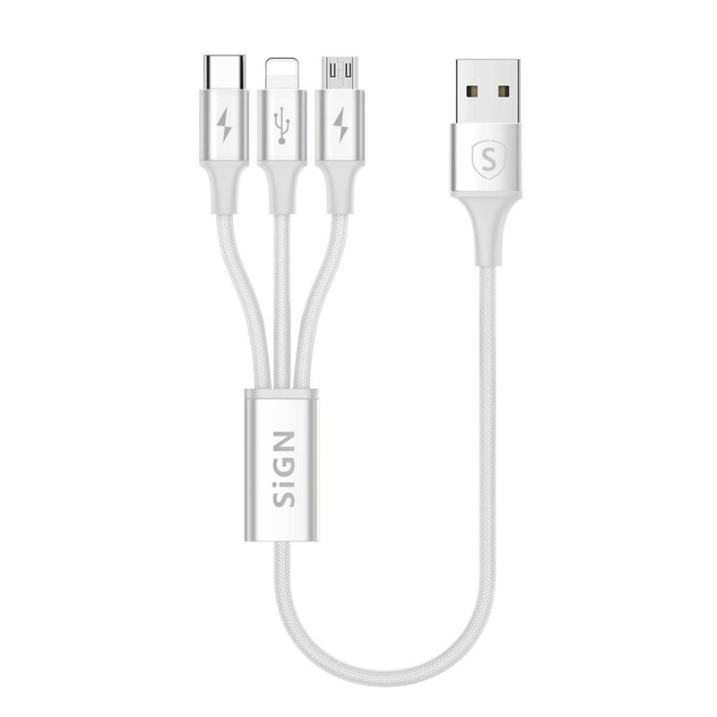 SiGN 3-in-1 ladekabel USB-C + Micro-USB + Lightning 0.25m, Hvit