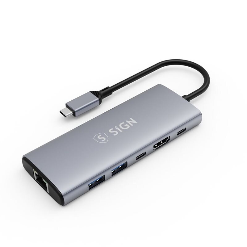SiGN USB-C 6-i-1 hubb med 2x USB-A + Ethernet + HDMI + USB-C + PD, Grå
