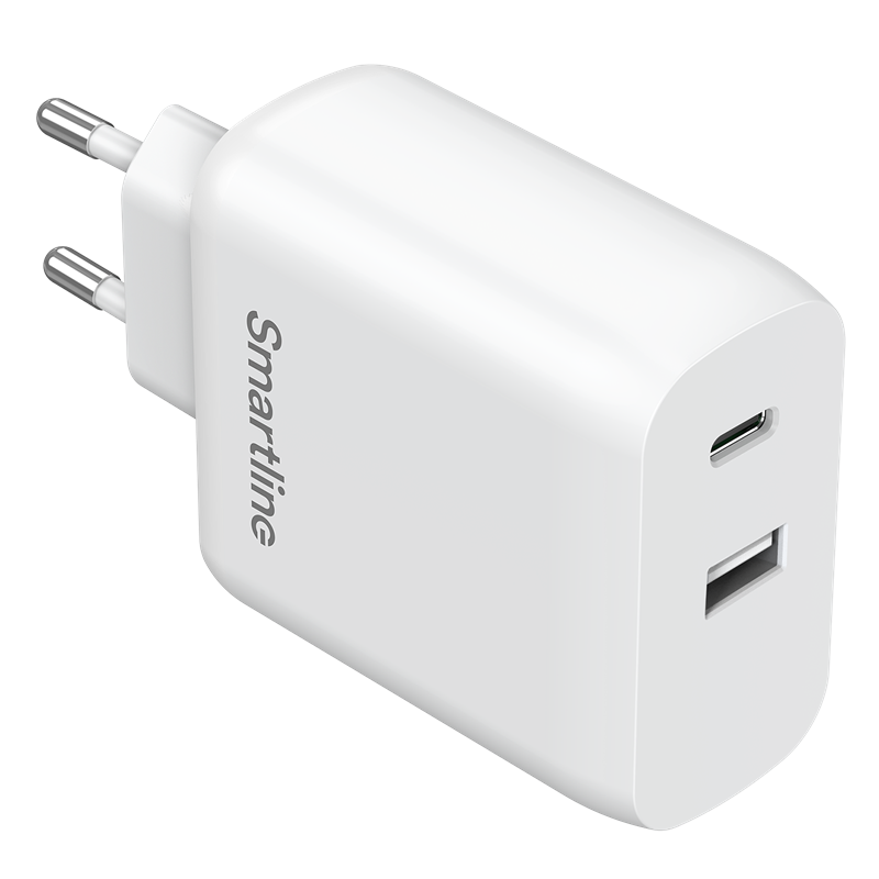 Smartline Vegglader Dobbel Port USB-C & USB-A 65W PD, Hvit