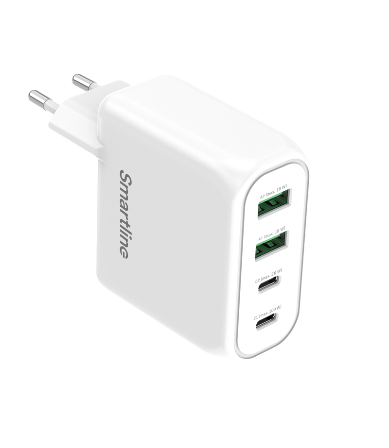 Smartline Vegglader 100W Power Deliery 2x USB-C & 2x USB-A, Hvit