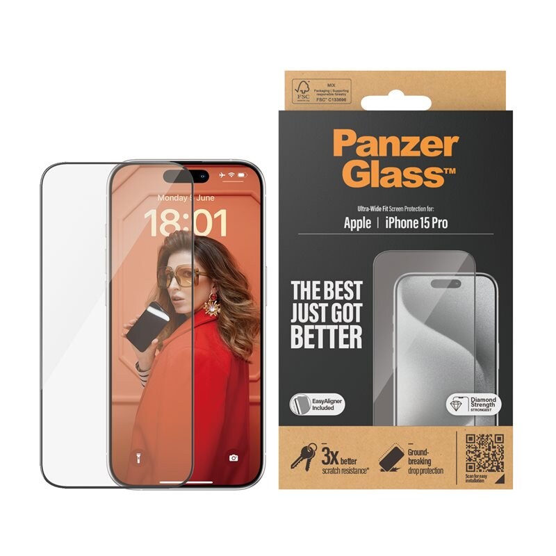 PanzerGlass iPhone 15 Pro Skjermbeskytter med installasjonsramme - Ultra Wide Fit