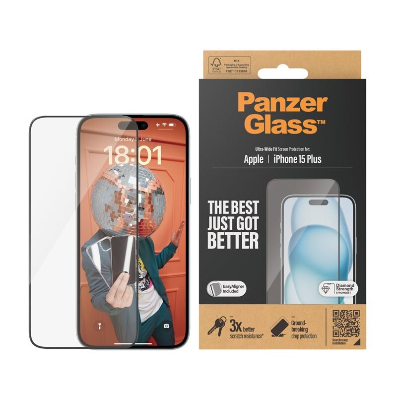 PanzerGlass iPhone 15 Plus Skjermbeskytter med installasjonsramme - Ultra Wide Fit