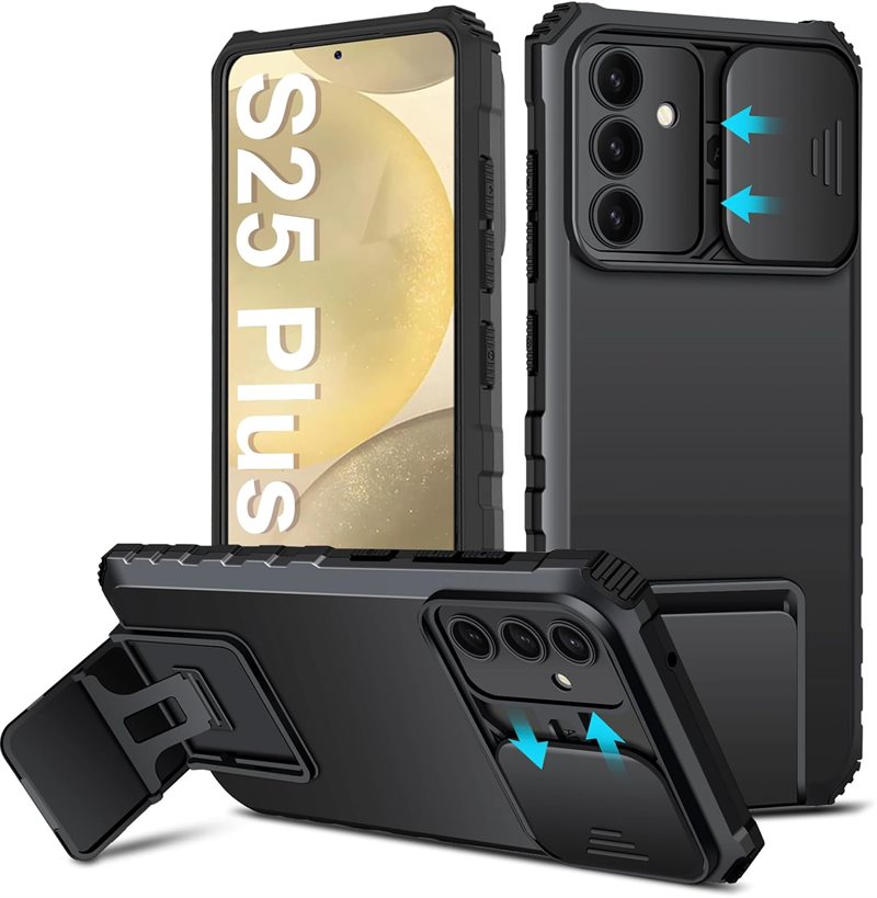 Samsung Galaxy S25 Plus Deksel med kickstand & kameralinsebeskyttelse, Svart