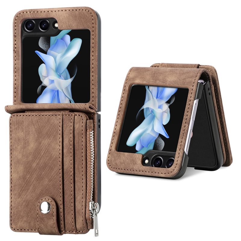 Samsung Galaxy Z Flip 6 Lommeboketui med kortlommer og glidelås Brun