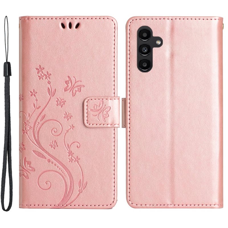 Samsung Galaxy A15 Mobiletui med sommerfugler, Rosa gull