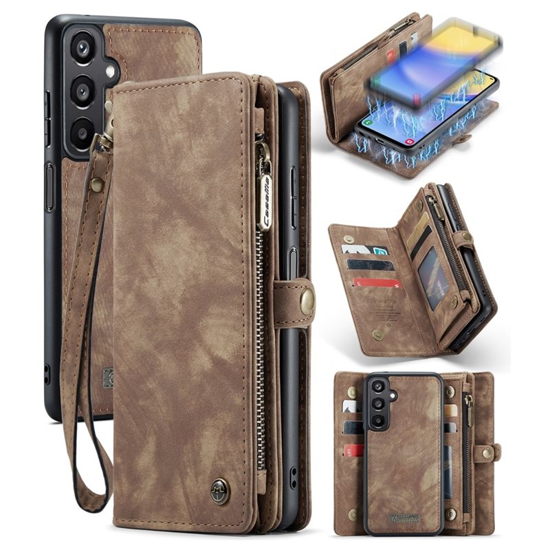 CaseMe Samsung Galaxy A05s Romslig lommeboketui med mange kortlommer, Brun