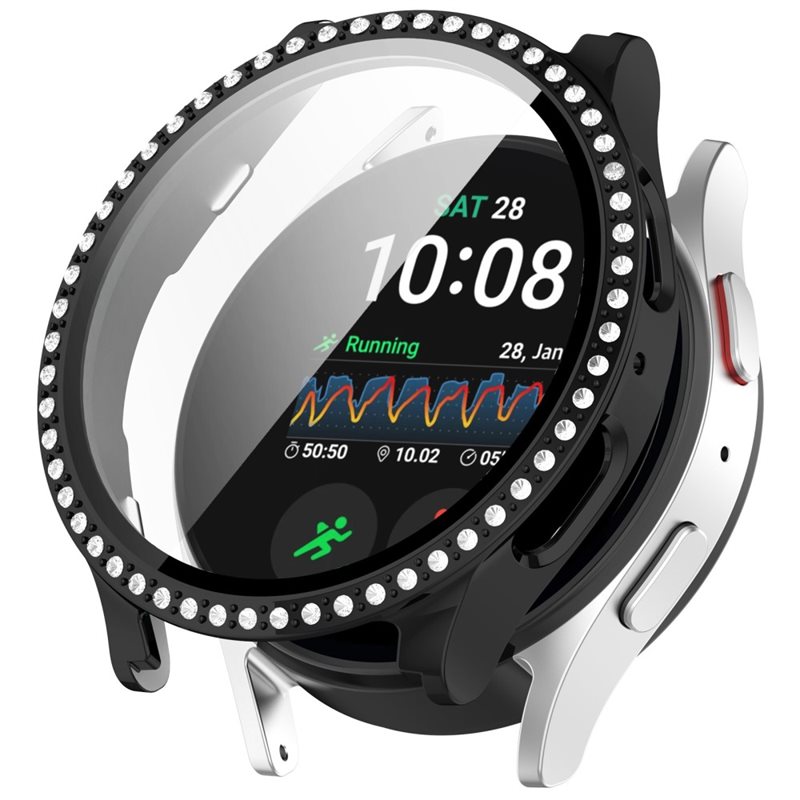 Samsung Galaxy Watch 7 44mm Heldekkende deksel med innebygd skjermbeskytter og steiner, Svart