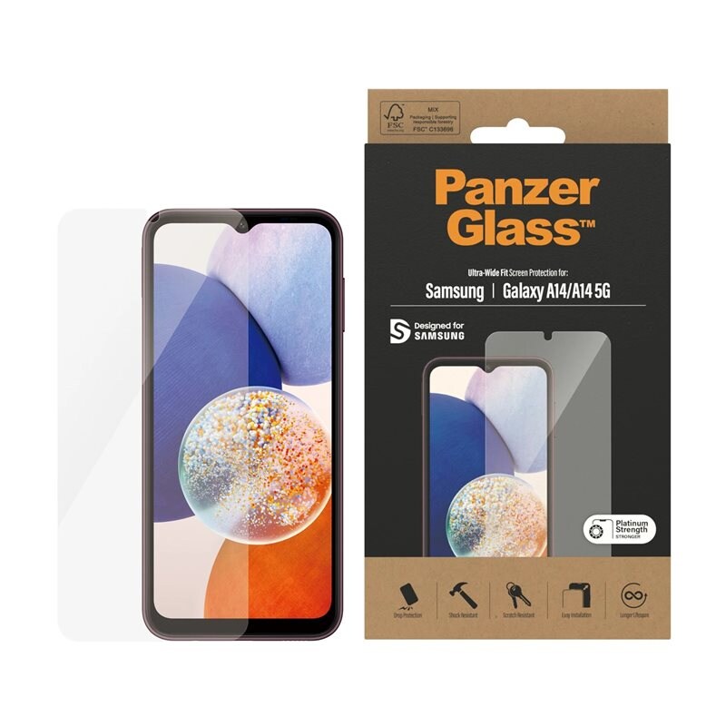PanzerGlass Samsung Galaxy A14 Skjermbeskytter i ripebestandig herdet glass - Ultra Wide Fit