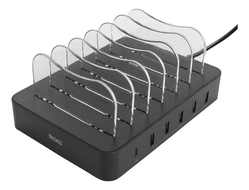 Deltaco Ladestasjon 5x USB-A + 1x USB-C 50W, Svart