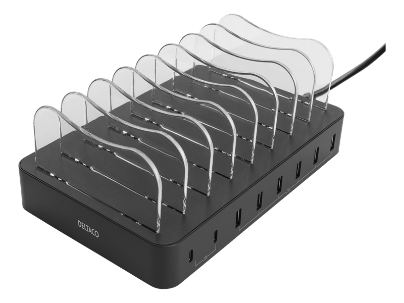 Deltaco Ladestasjon 6x USB-A + 2x USB-C 75W, Svart