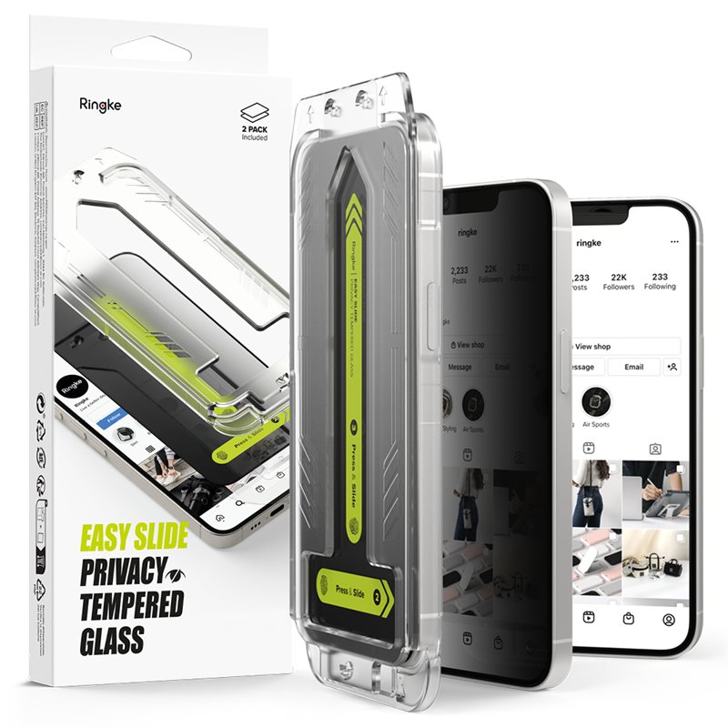 Ringke iPhone 14 Anti-spy Skjermbeskytter i glass med monteringsram (2-pack)