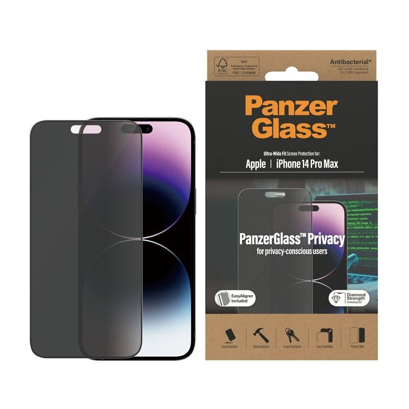 PanzerGlass iPhone 14 Pro Max Privacy skjermbeskytter med installasjonsramme - Ultra Wide Fit
