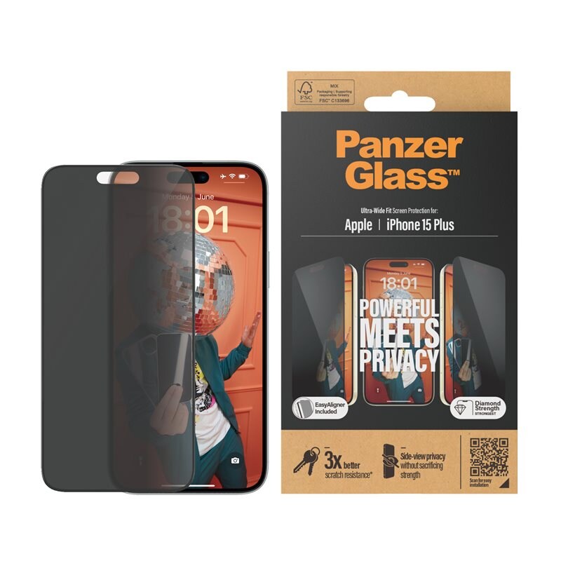 PanzerGlass iPhone 15 Plus Privacy skjermbeskytter med installasjonsramme - Ultra Wide Fit