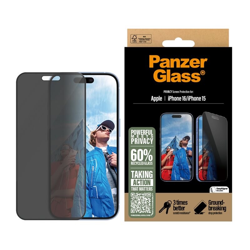 PanzerGlass iPhone 15 Privacy skjermbeskytter med installasjonsramme - Ultra Wide Fit