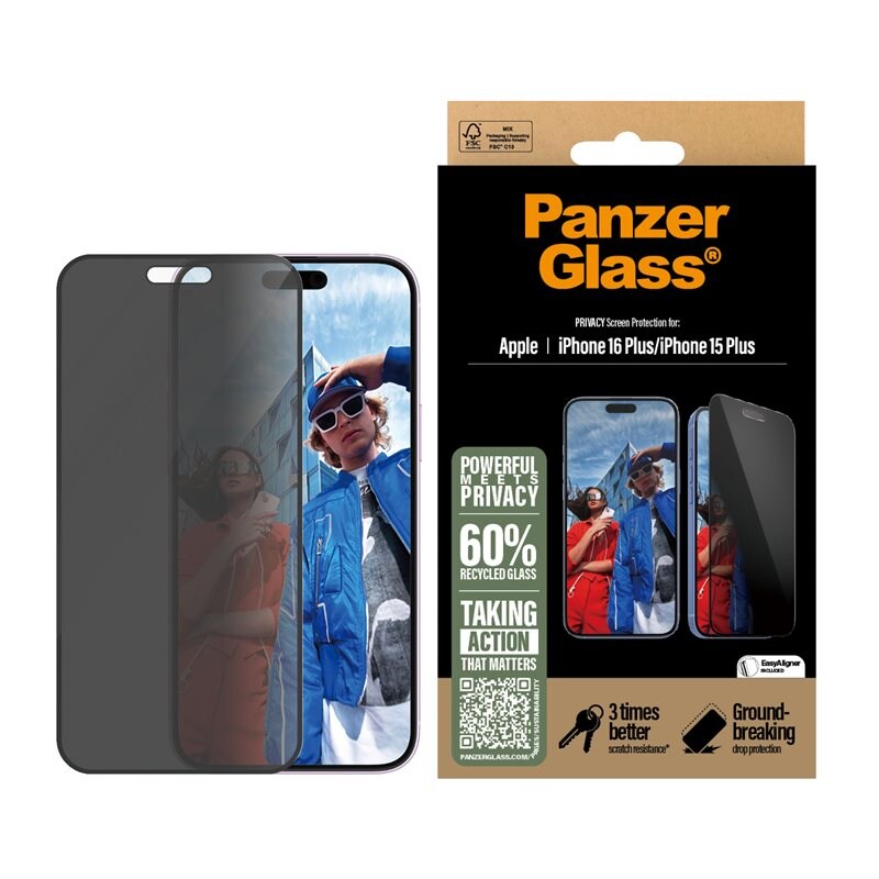 PanzerGlass iPhone 16 Plus Privacy skjermbeskytter med installasjonsramme - Ultra Wide Fit