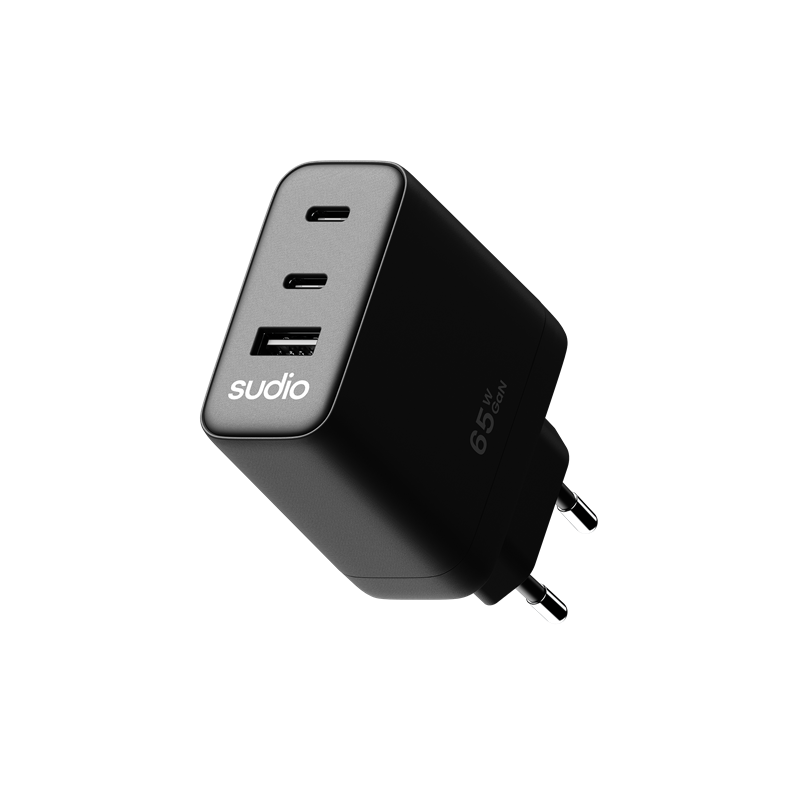 Sudio P3 2 x USB-C + USB-A Vegglader 65W, Svart