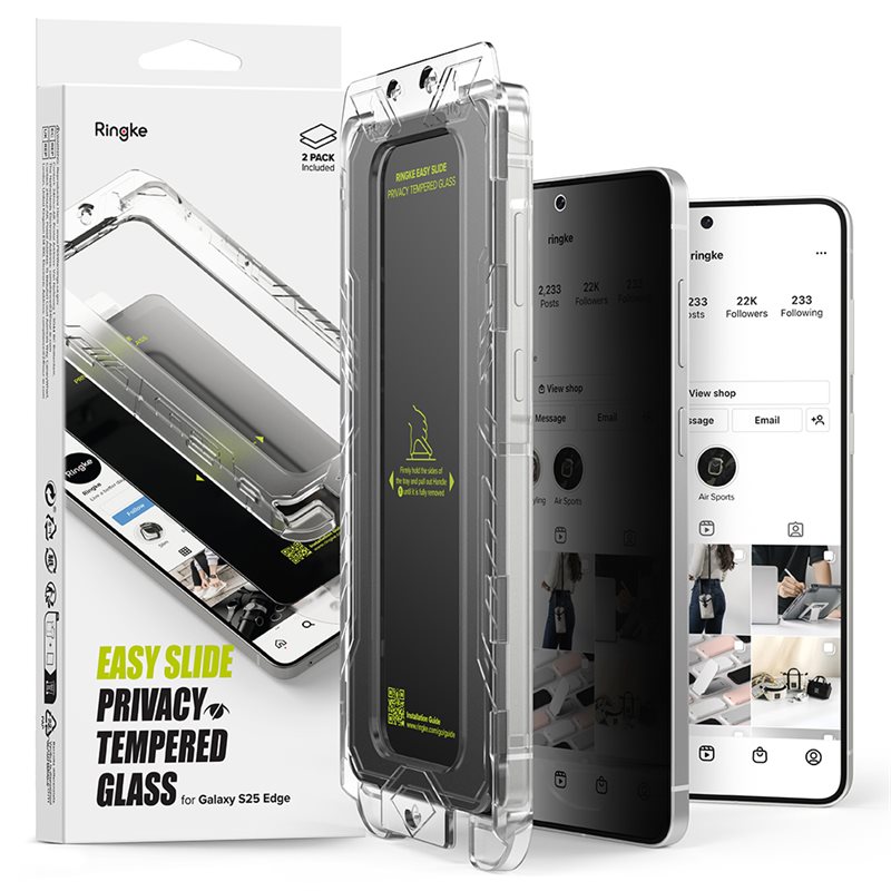 Ringke Samsung Galaxy S25 Edge Anti-spy Skjermbeskytter i glass med monteringsram (2-pack)