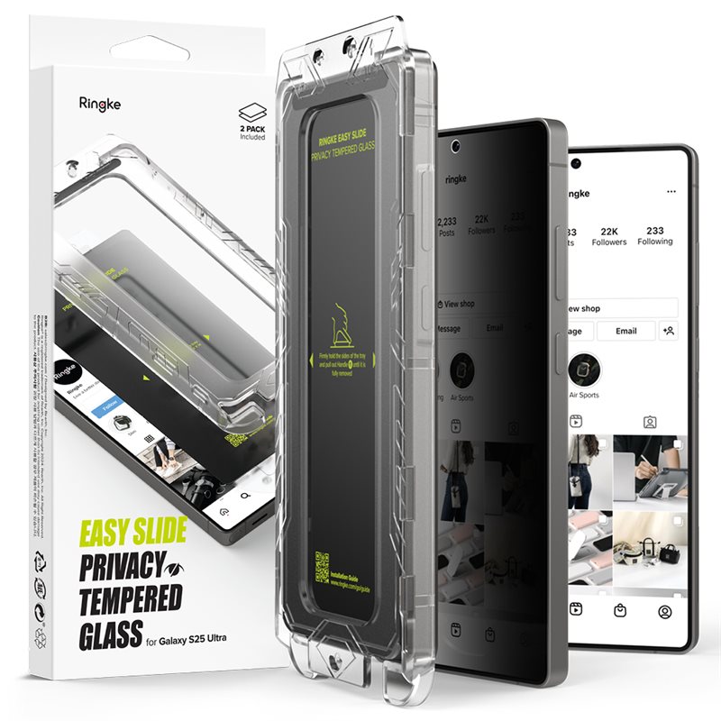 Ringke Samsung Galaxy S25 Ultra Anti-spy Skjermbeskytter i glass med monteringsram (2-pack)