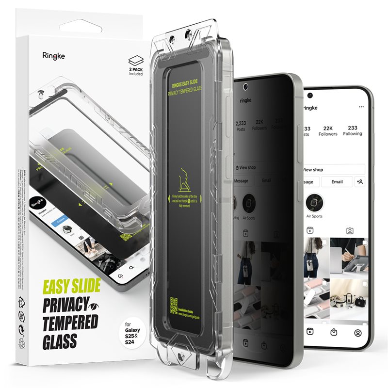 Ringke Samsung Galaxy S25 Anti-spy Skjermbeskytter i glass med monteringsram (2-pack)