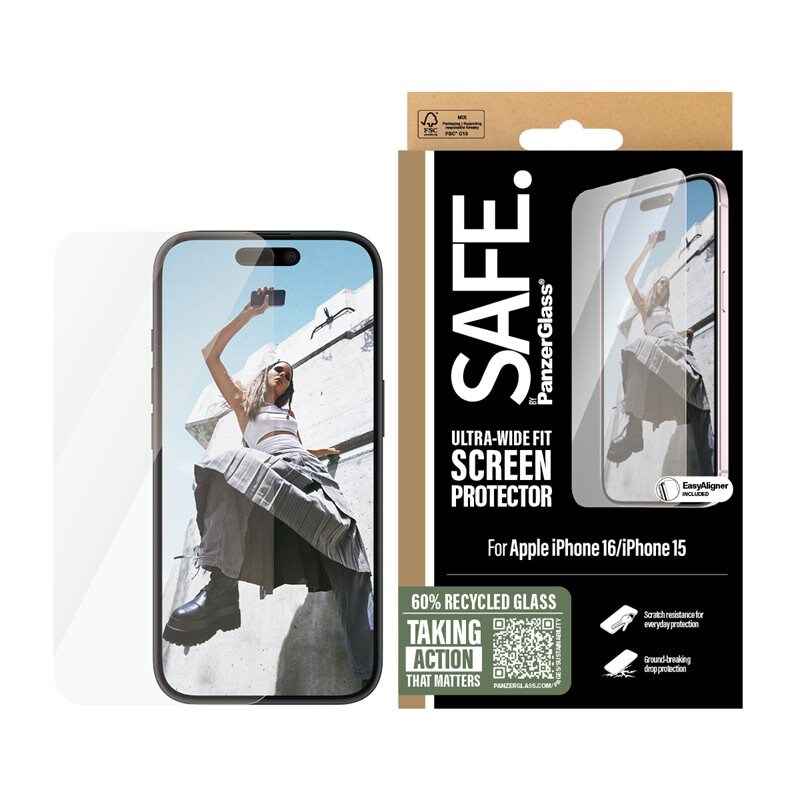 SAFE. by PanzerGlass iPhone 16 Skjermbeskytter i glass med installasjonsramme - Ultra Wide Fit