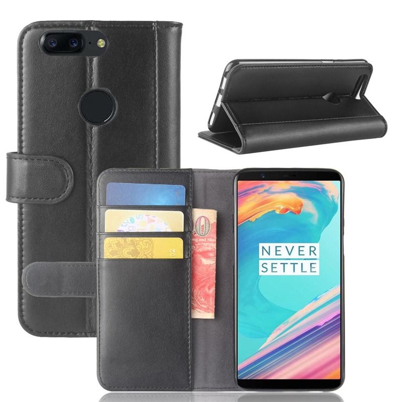 OnePlus 5T Lommeboketui i ekte skinn, Svart