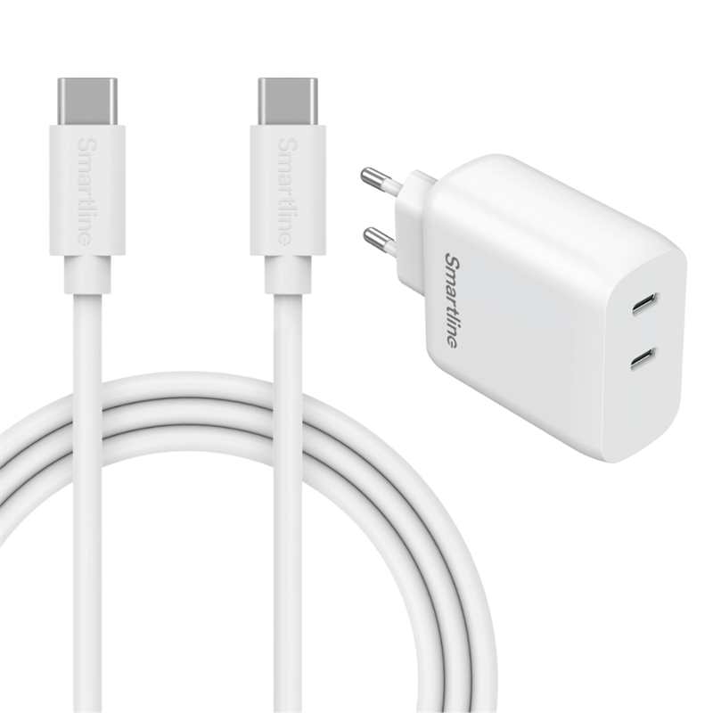 Samsung Galaxy S24 FE Hurtiglader med 2 m USB-C-kabel og 2 porter 35W, Hvit