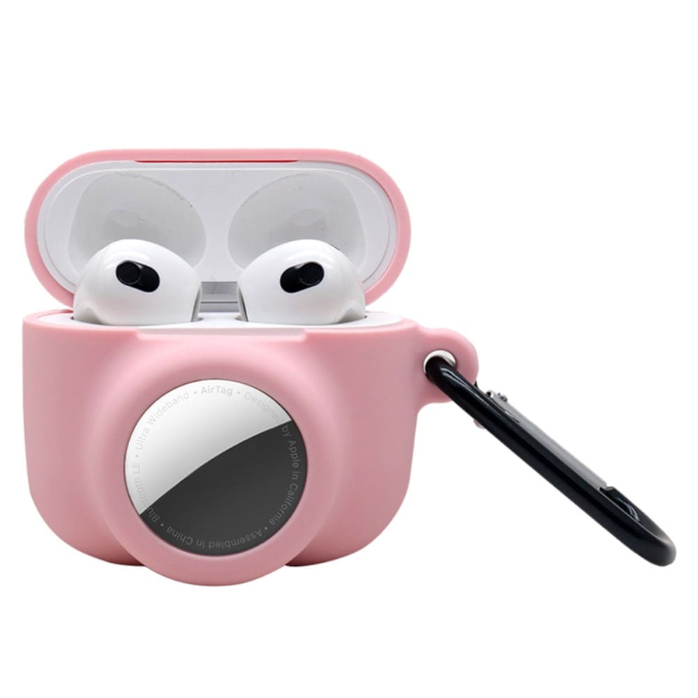 Apple AirTag/AirPods 3 Silikondeksel med AirTag-holder + karabinkrok, Rosa