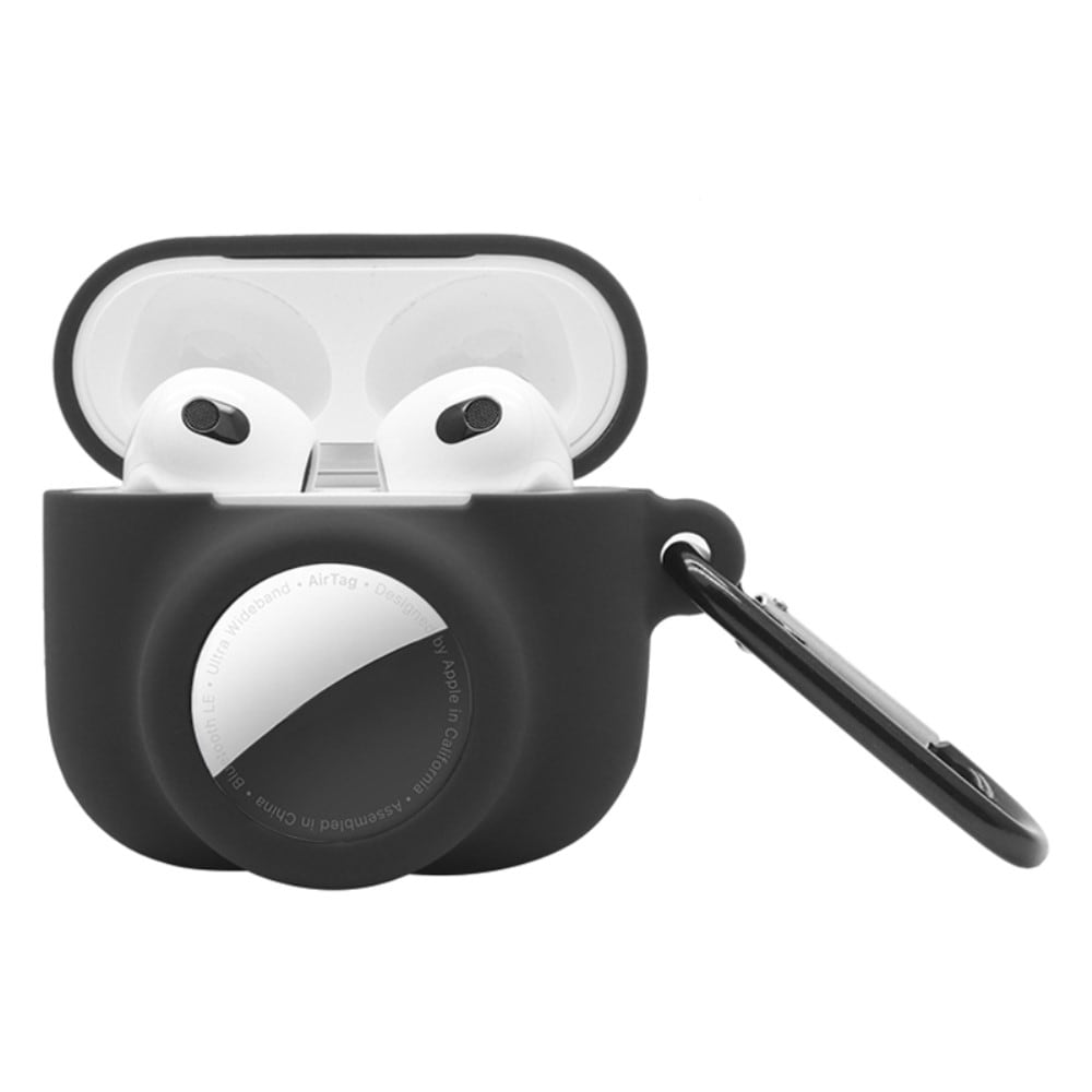 Apple AirTag/AirPods 3 Silikondeksel med AirTag-holder + karabinkrok, Svart