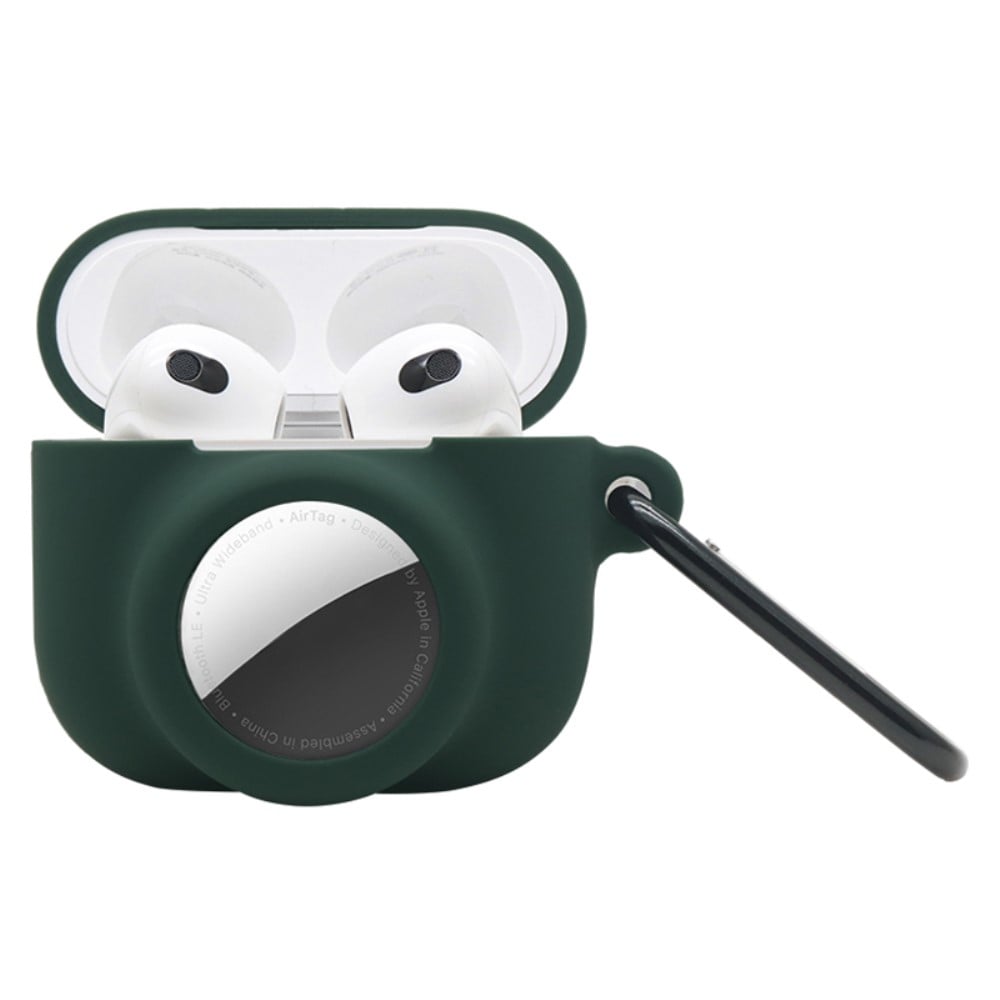 Apple AirTag/AirPods 3 Silikondeksel med AirTag-holder + karabinkrok, Mørk grønn