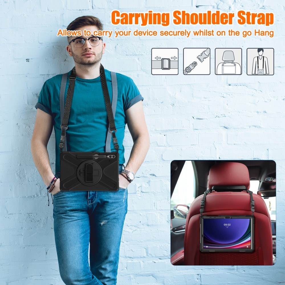 Samsung Galaxy Tab S7 Plus Tøft hybriddeksel med skulderrem Svart