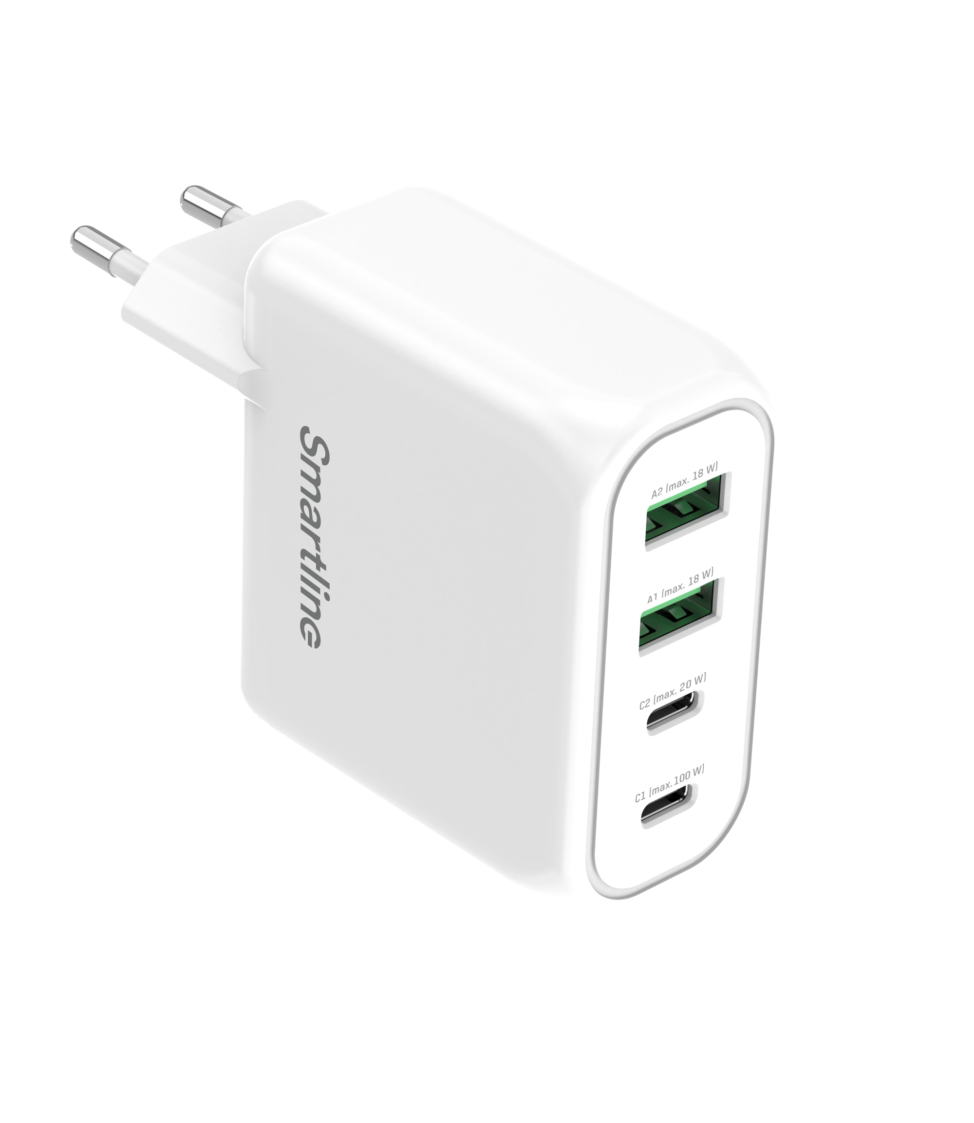 Vegglader 100W Power Deliery 2x USB-C & 2x USB-A, Hvit