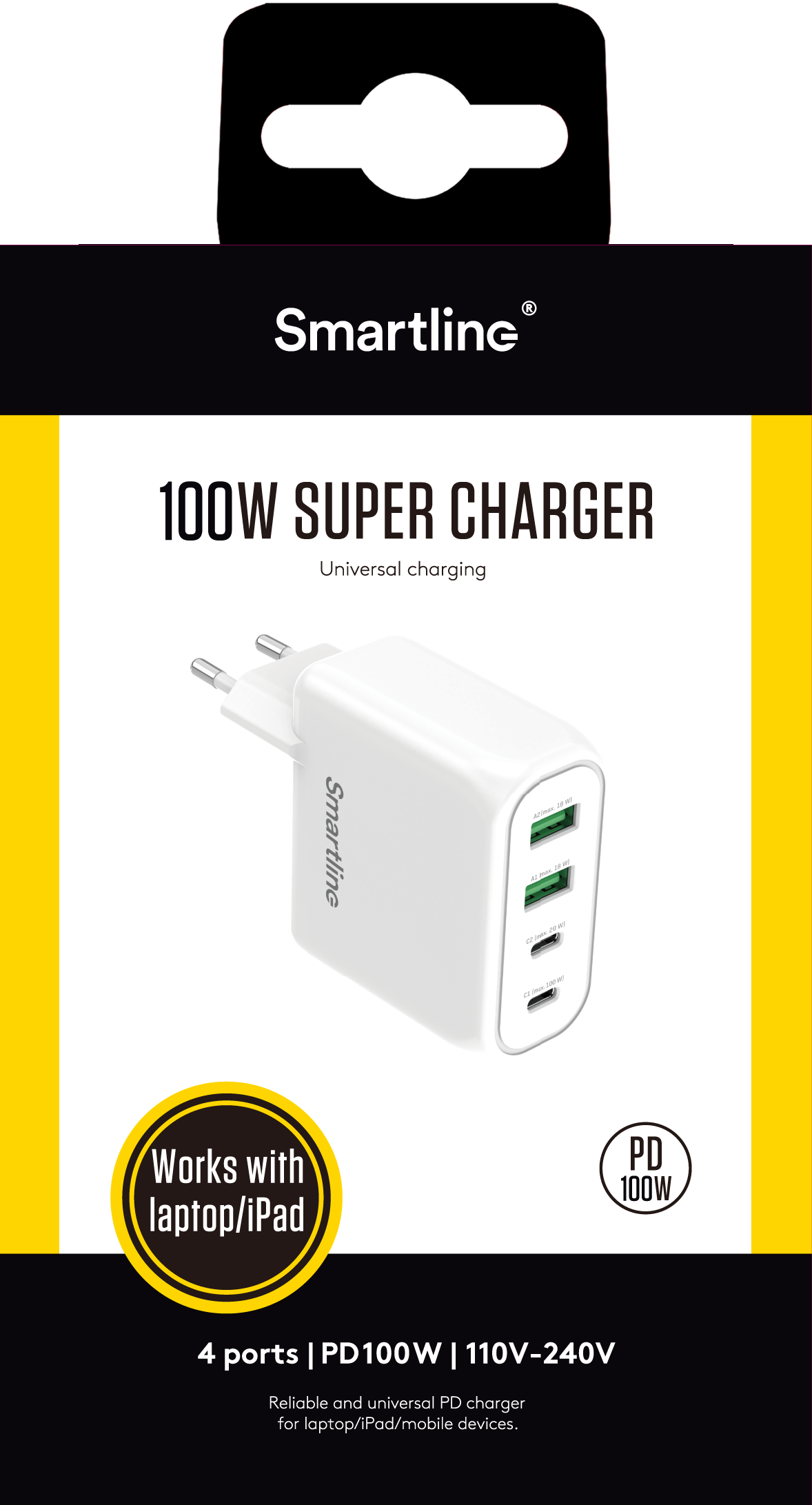 Vegglader 100W Power Deliery 2x USB-C & 2x USB-A, Hvit