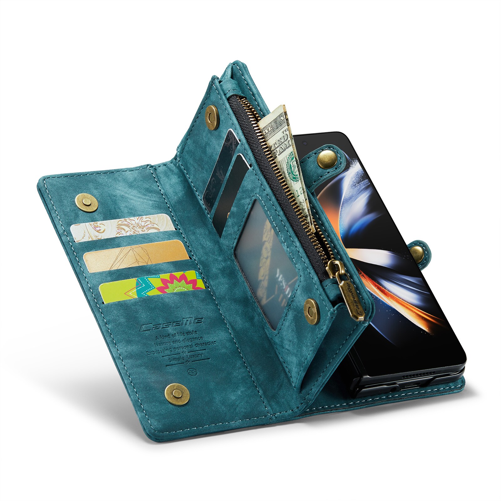 Samsung Galaxy Z Fold 4 Romslig lommeboketui med mange kortlommer, Blå
