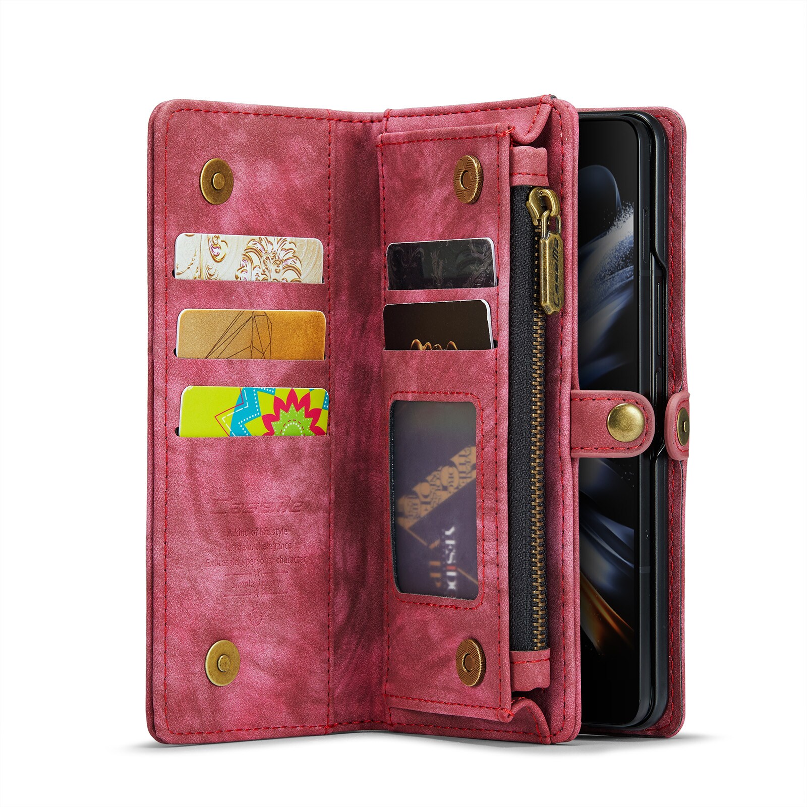 Samsung Galaxy Z Fold 4 Romslig lommeboketui med mange kortlommer, Rød
