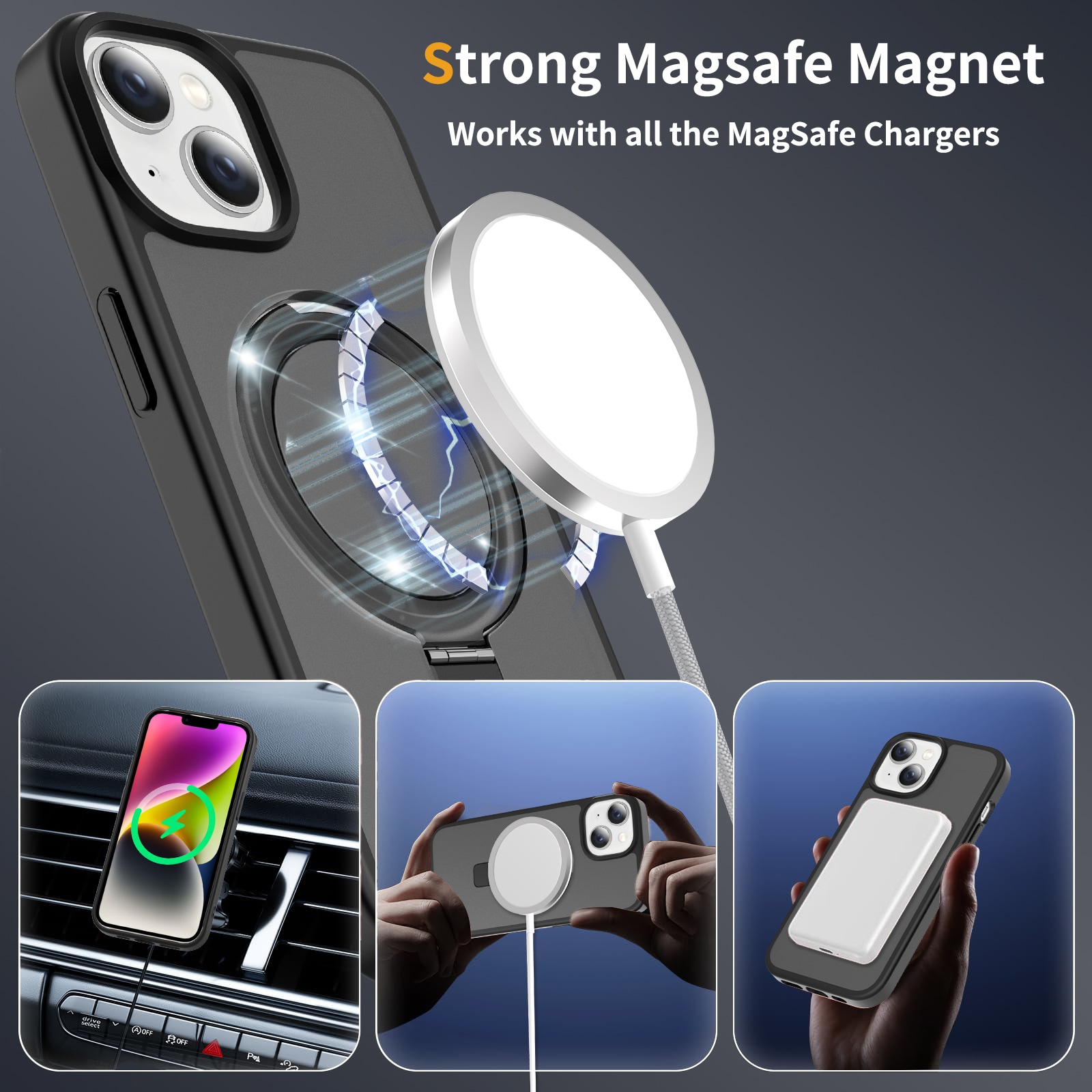 iPhone 15 Magnetic hybriddeksel med stativfunksjon, Svart