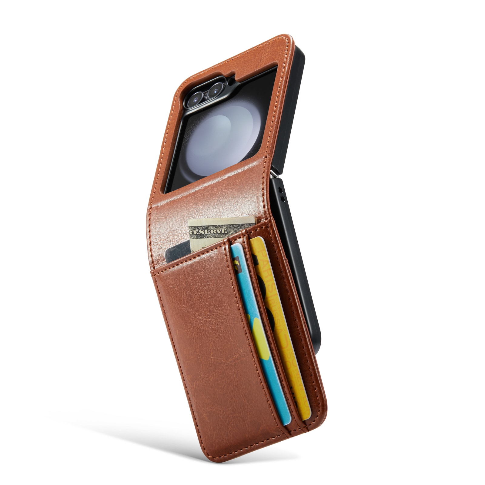 Samsung Galaxy Z Flip 7 Lommeboketui i ekte skinn, Cognac
