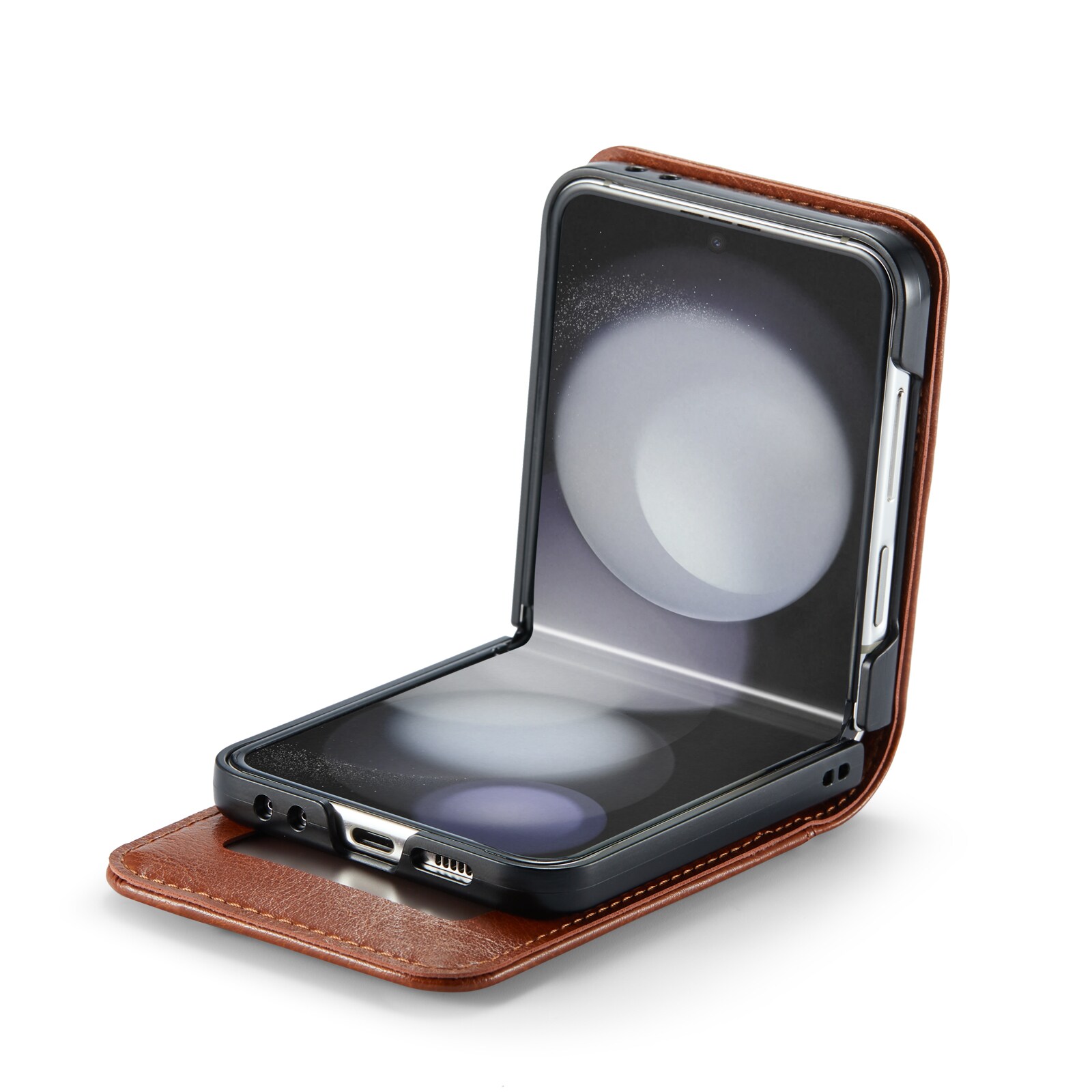 Samsung Galaxy Z Flip 7 FE Lommeboketui i ekte skinn, Cognac
