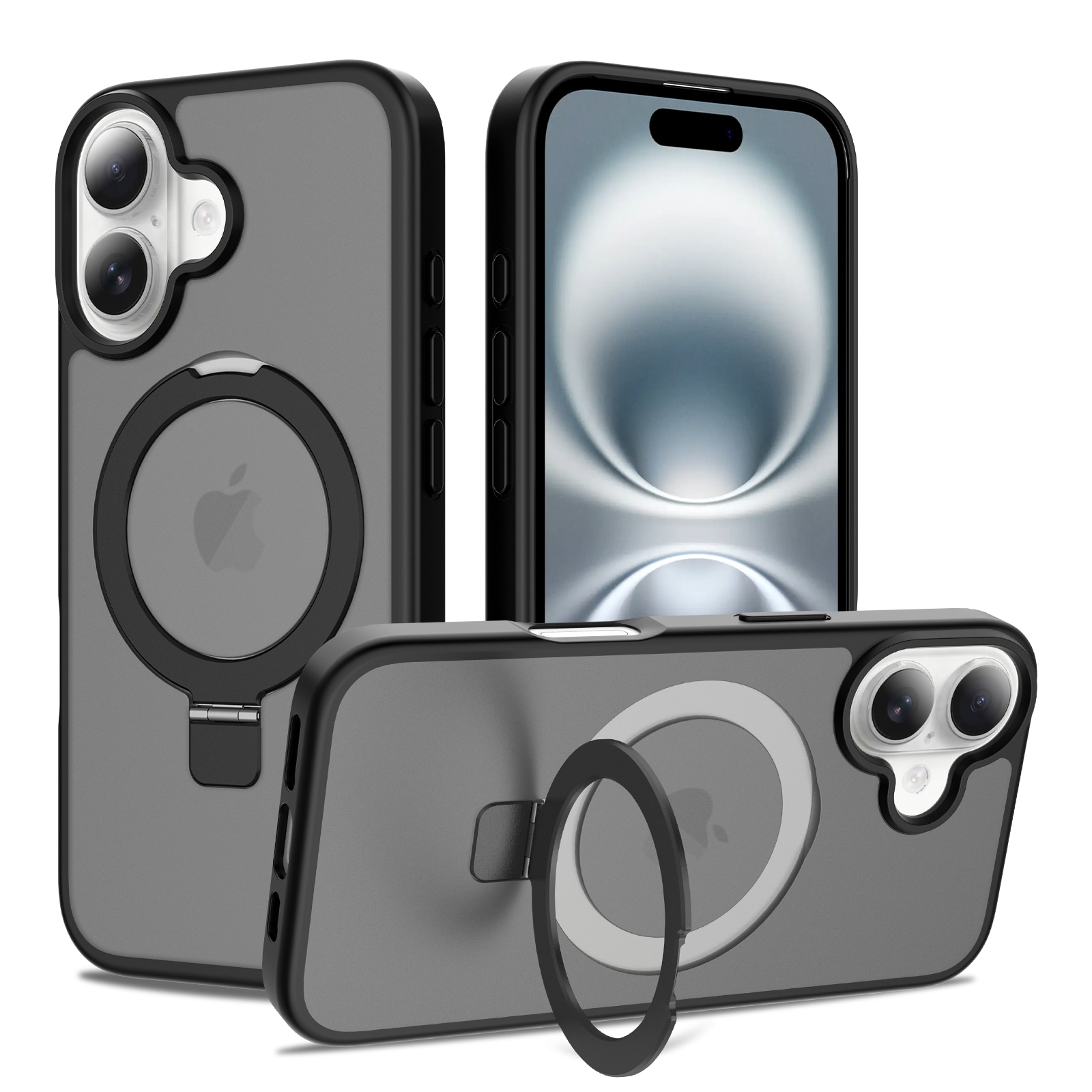 iPhone 16 Magnetic hybriddeksel med stativfunksjon, Svart