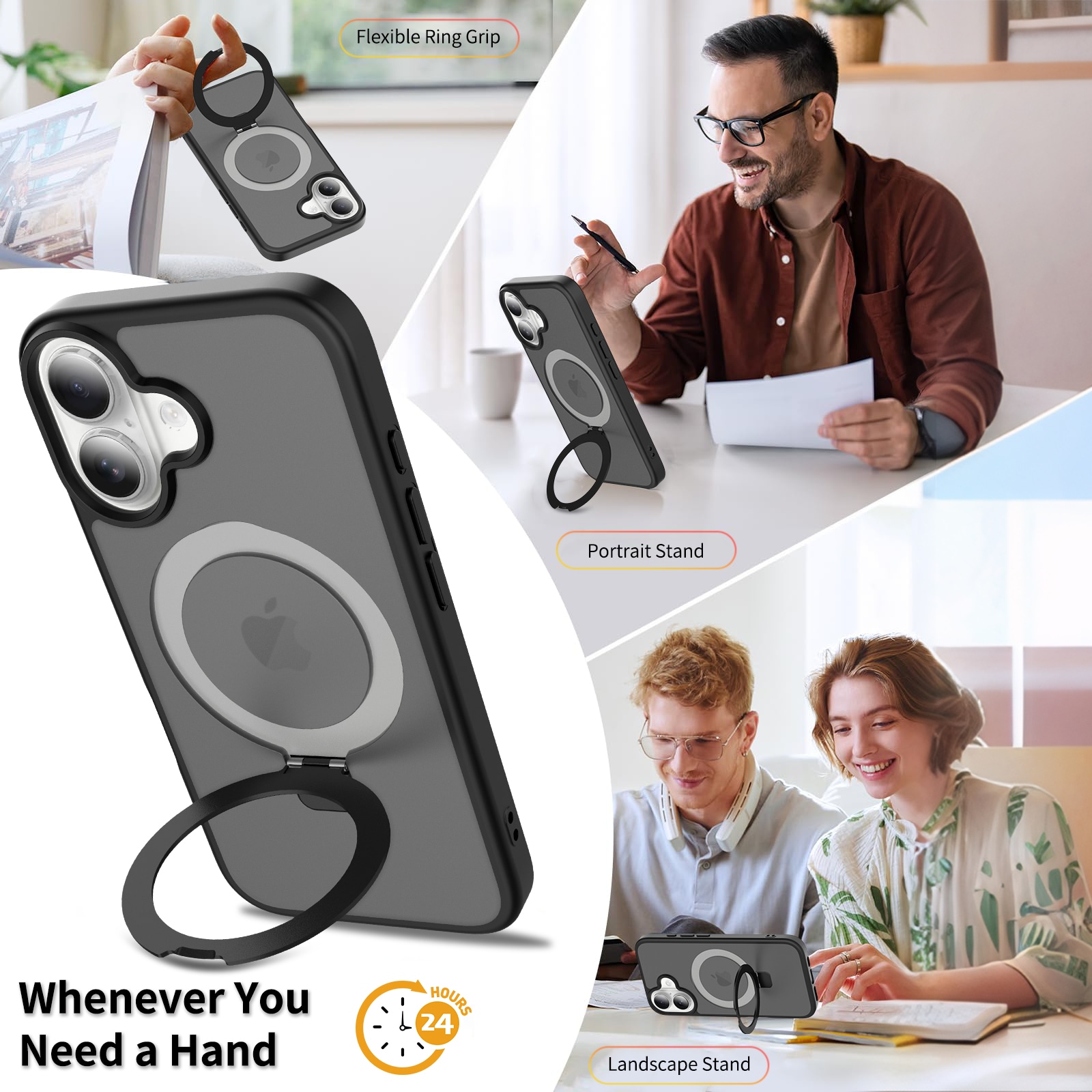 iPhone 16 Magnetic hybriddeksel med stativfunksjon, Svart