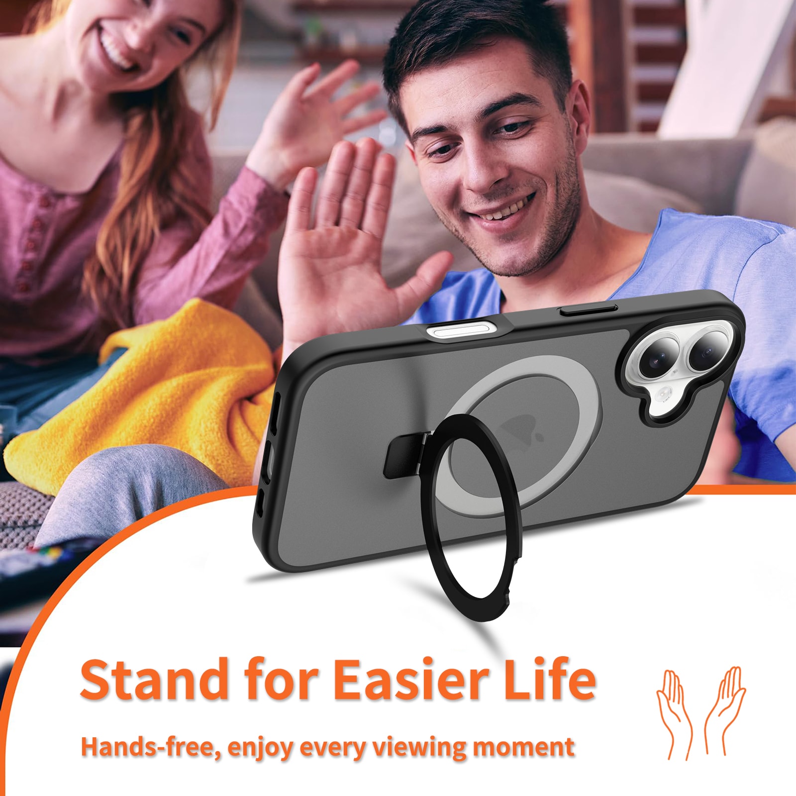 iPhone 16 Magnetic hybriddeksel med stativfunksjon, Svart