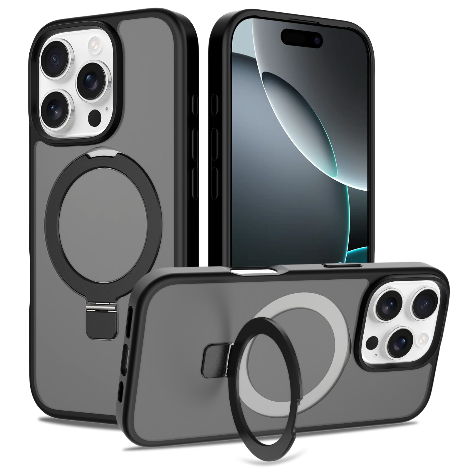 iPhone 16 Pro Max Magnetic hybriddeksel med stativfunksjon, Svart
