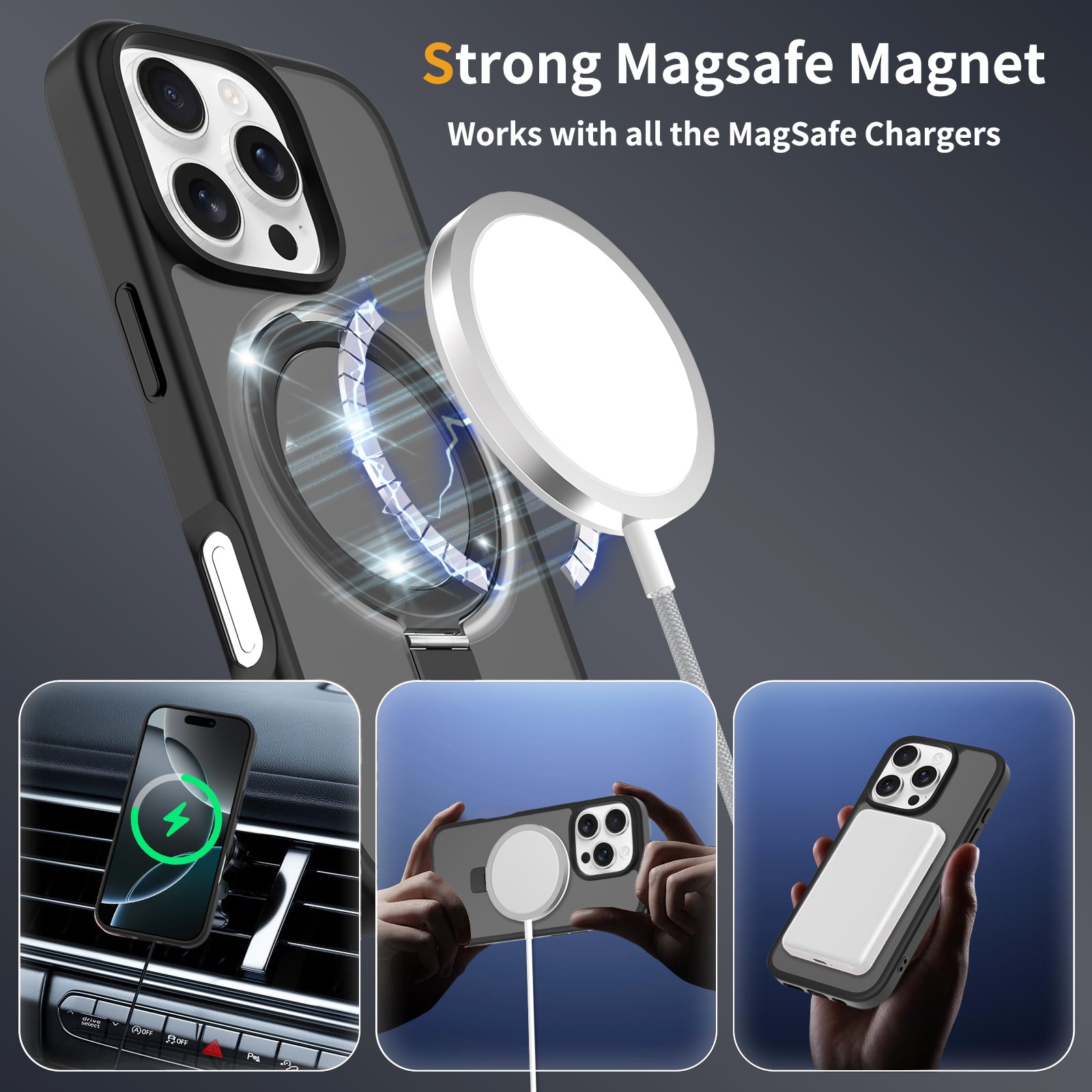 iPhone 16 Pro Max Magnetic hybriddeksel med stativfunksjon, Svart