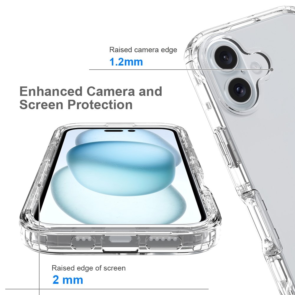 iPhone 16 Plus Støtsikkert mobildeksel med beskyttelsesramme Gjennomsiktig