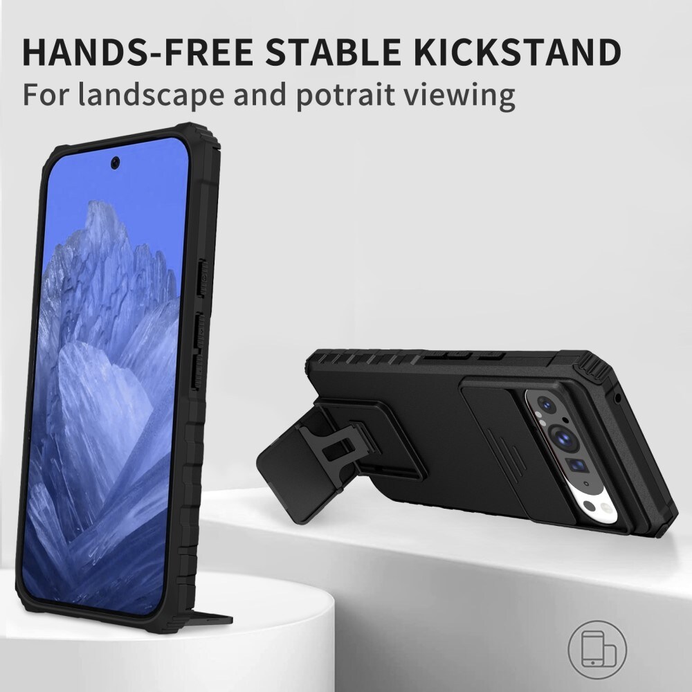 Google Pixel 9 Pro XL Deksel med kickstand & kameralinsebeskyttelse, Svart