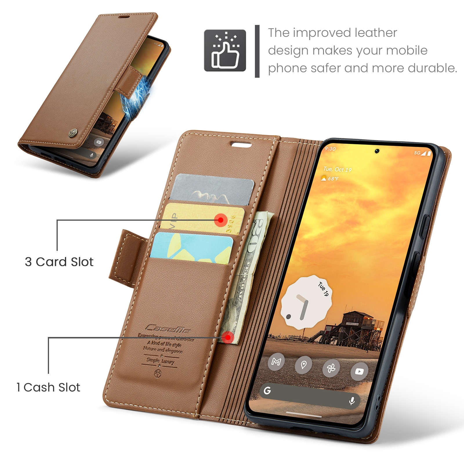 Google Pixel 10 Pro Slankt RFID-lommeboketui, Brun