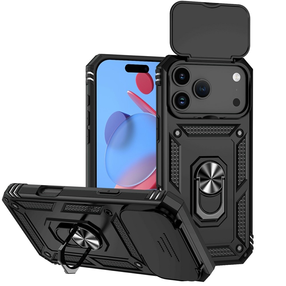 iPhone 17 Pro Deksel med kameralinsebeskyttelse og finger-ring, Svart