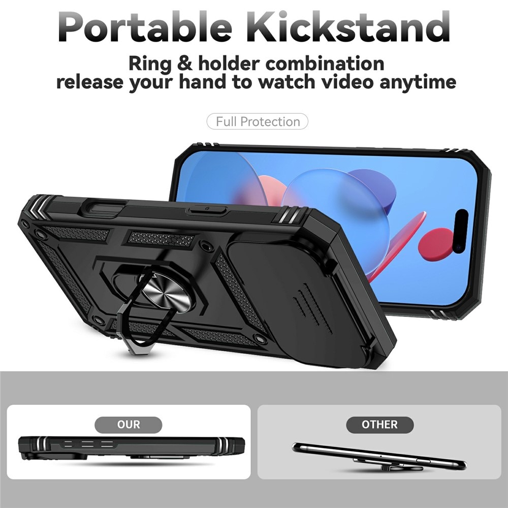 iPhone 17 Pro Deksel med kameralinsebeskyttelse og finger-ring, Svart