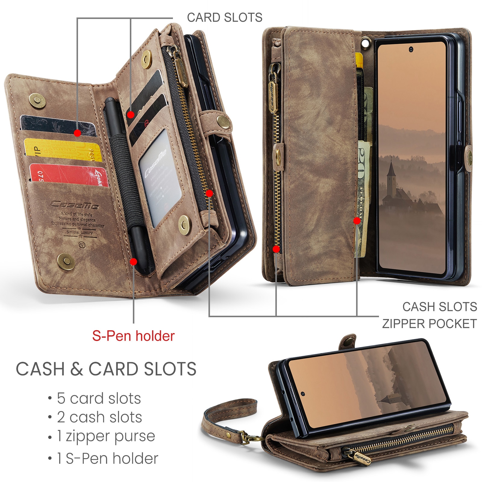Samsung Galaxy Z Fold 7 Romslig lommeboketui med mange kortlommer, Brun