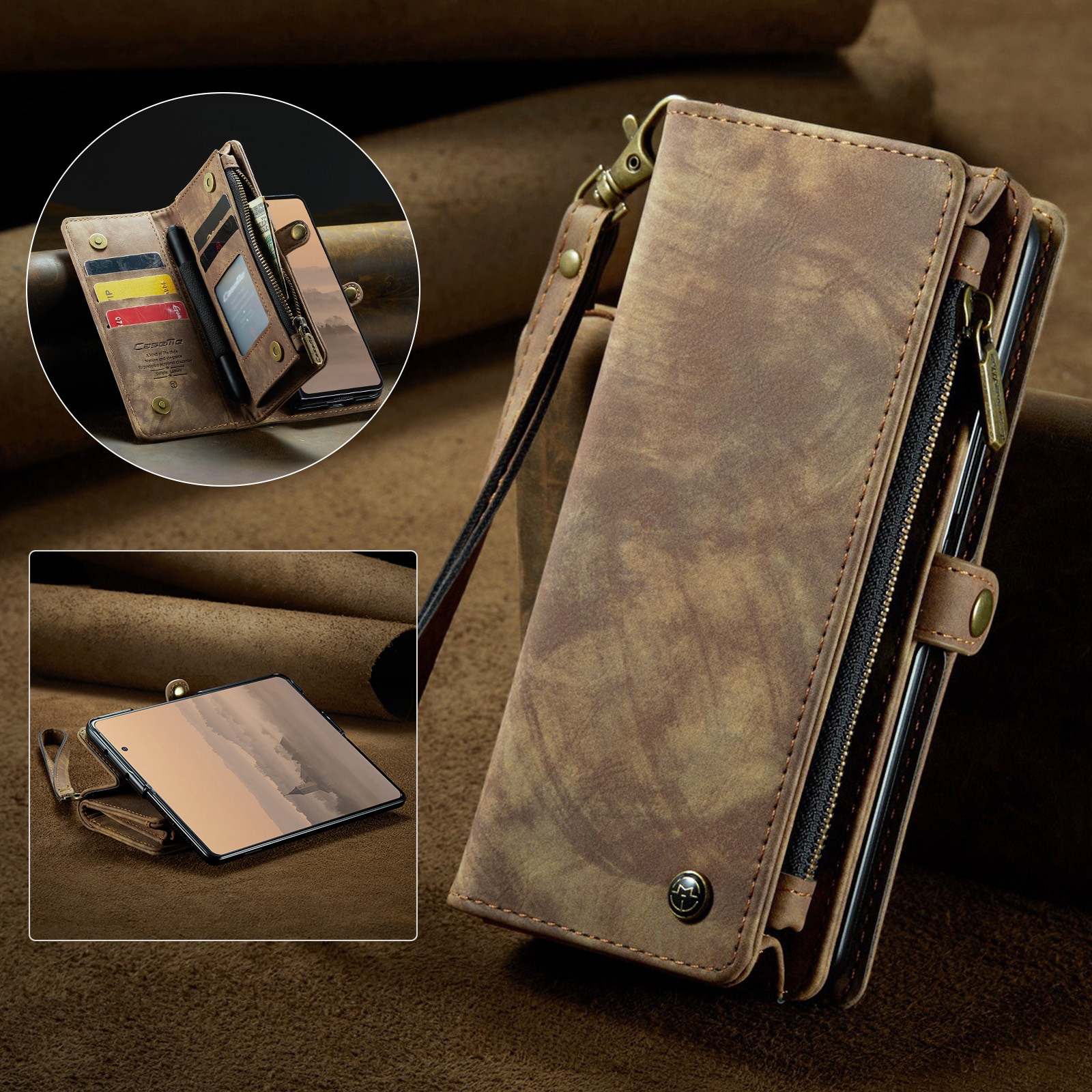 Samsung Galaxy Z Fold 7 Romslig lommeboketui med mange kortlommer, Brun