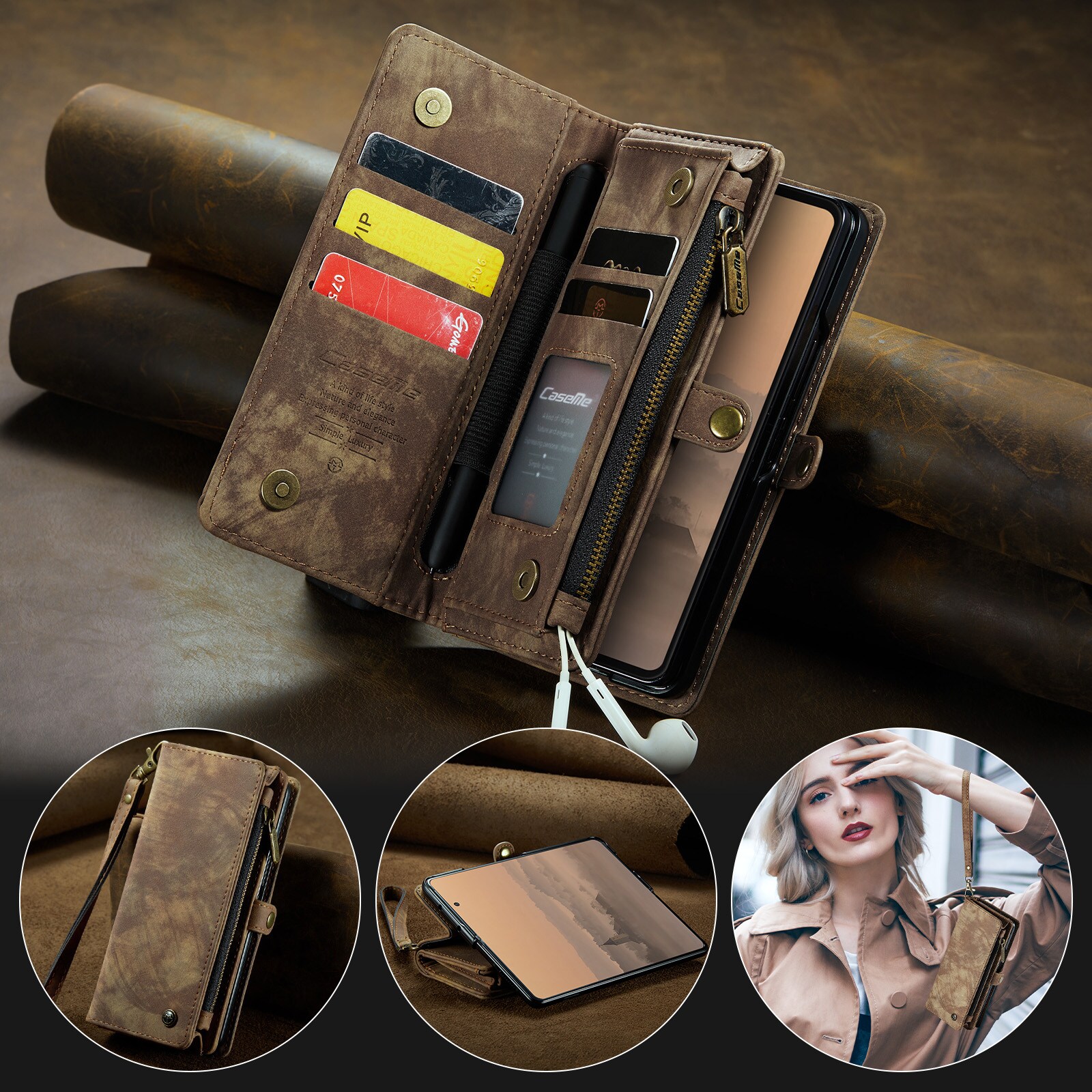 Samsung Galaxy Z Fold 7 Romslig lommeboketui med mange kortlommer, Brun
